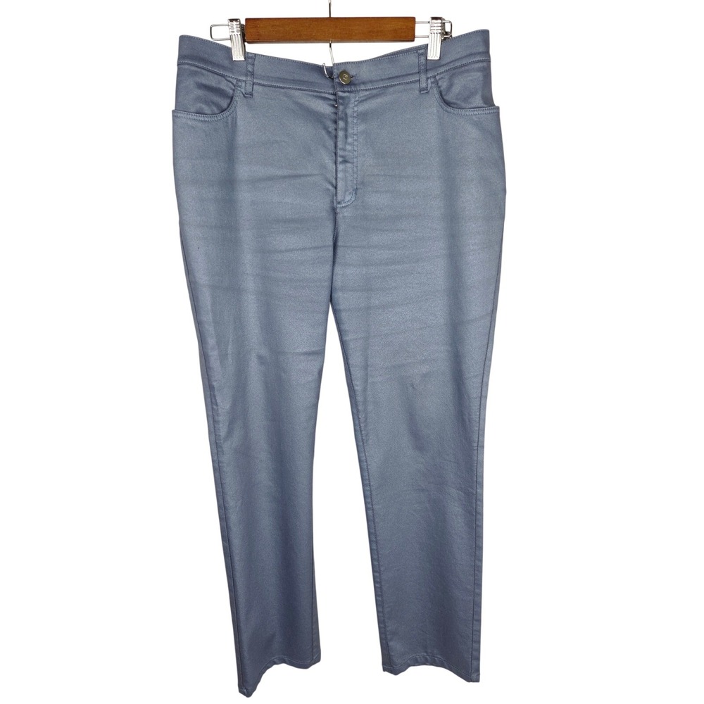 Lafayette 148 NY Straight Leg Pants 14 Blue Coated Waxed Shimmer Stretch Trouser